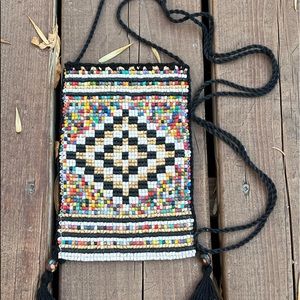 Hand-painted/dyed Beaded Boho Purse Satchel Black Rainbow Diamond Design 60s 70s